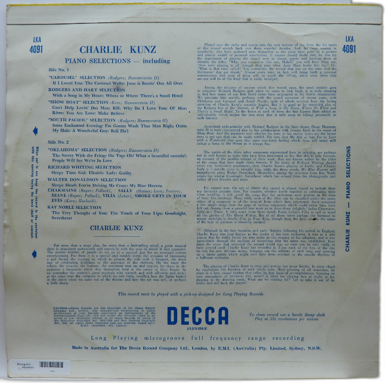 Charlie Kunz Piano Selections Vinyl Record Lka 4091 Decca