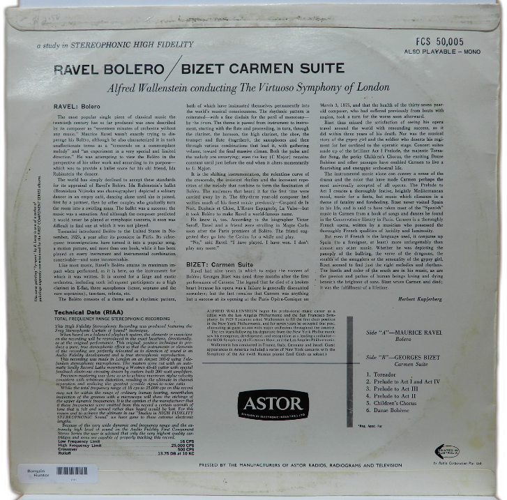 Ravel Bolero / Bizet Carmen Suite Vinyl Record Astor