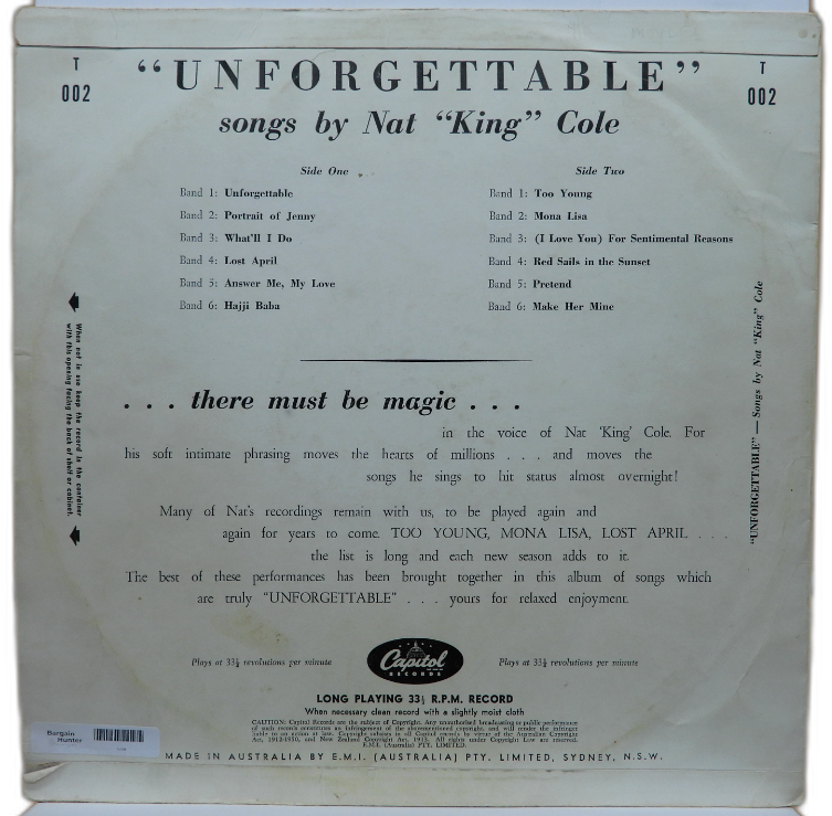 Nat King Cole Unforgettable Vinyl Record Capitol