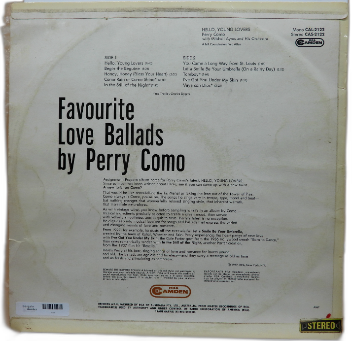 Perry Como Hello Young Lovers Vinyl Record Lp Rca Camden Cas 2122