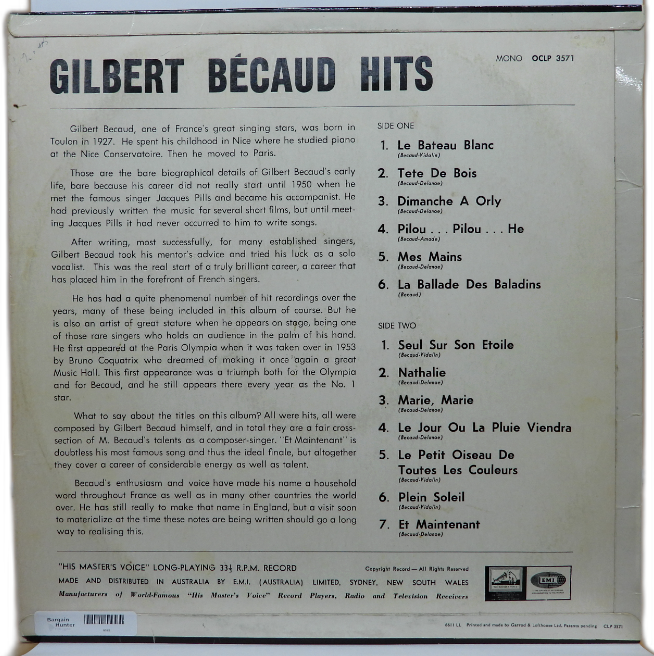 Gilbert Bécaud Hits Vinyl Record Oclp 3571 His Master's Voice
