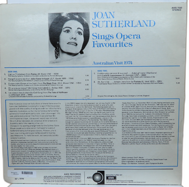 Joan Sutherland Opera Favourites Vinyl 1974 Axis 7020