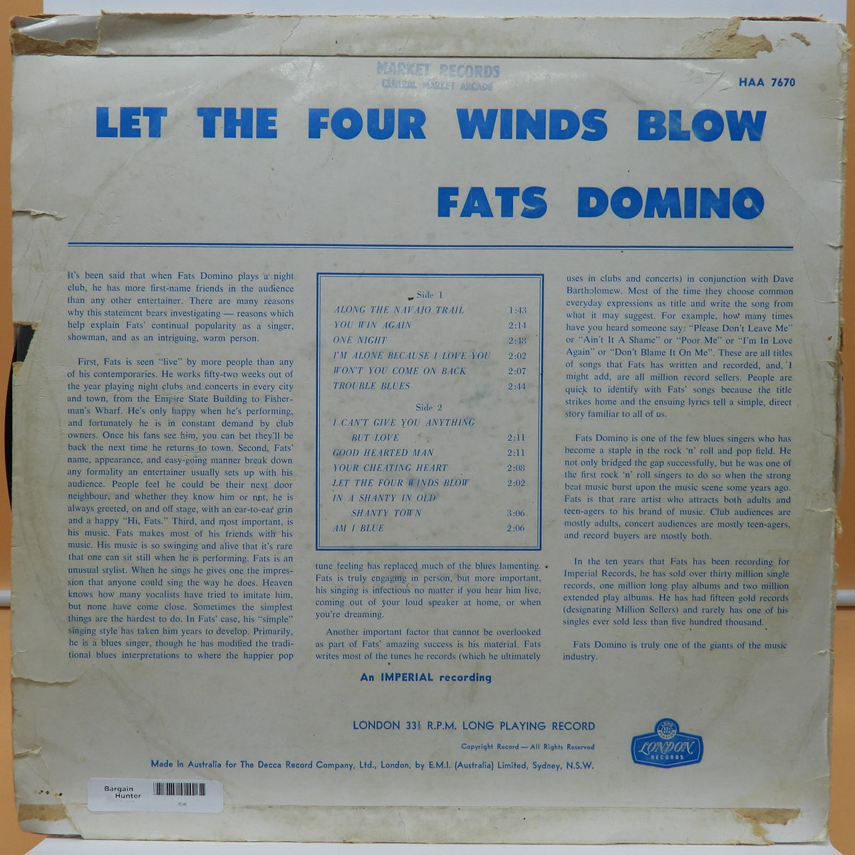 Fats Domino Let the Four Winds Blow Vinyl Record 33 Rpm London