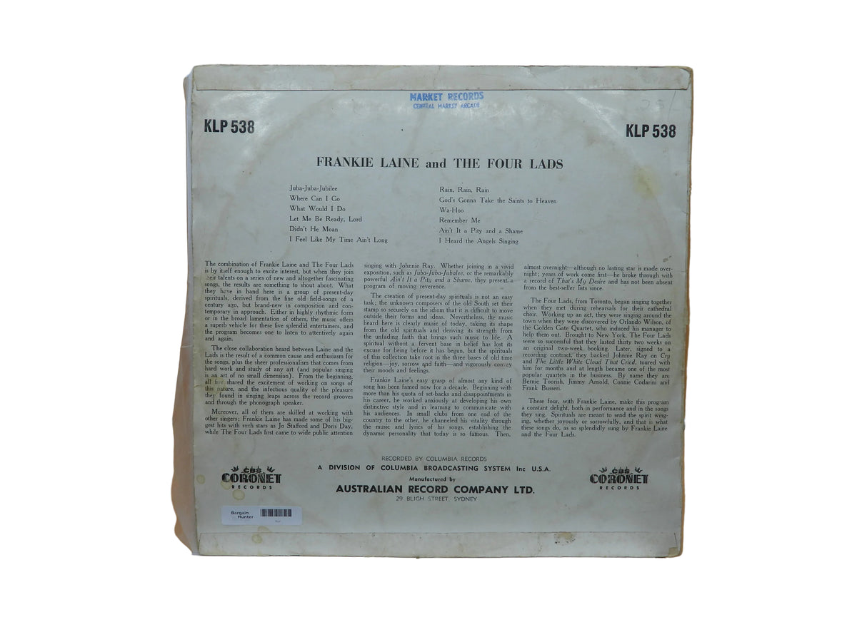 Frankie Laine and the Four Lads Vinyl Lp Cbs Coronet Klp 538