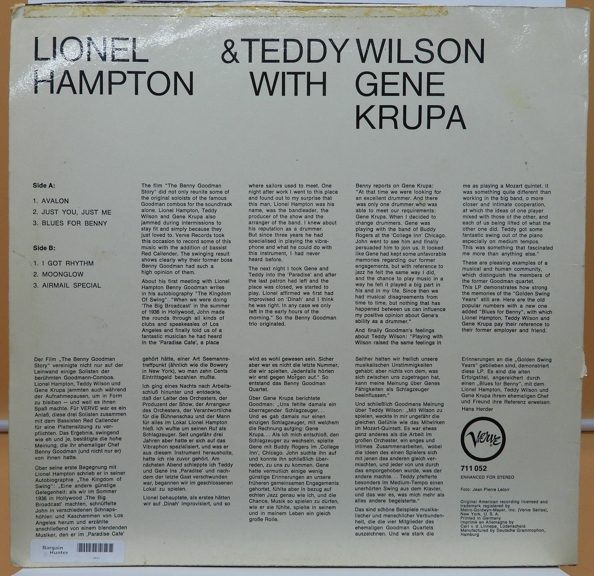 Lionel Hampton Teddy Wilson & Gene Krupa Jazz Vinyl Lp Verve Records