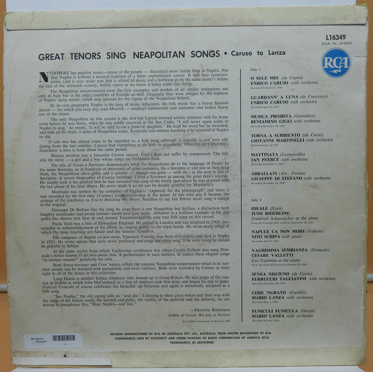 Rca Red Seal Great Tenors Sing Neapolitan Songs Vinyl Record L16349