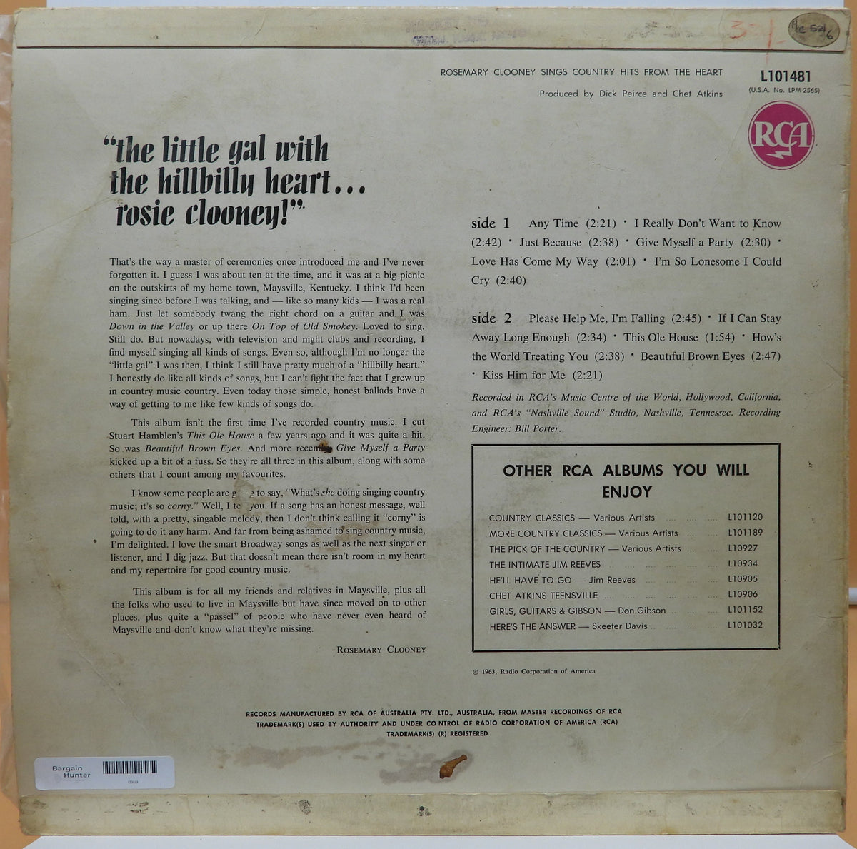 Rosemary Clooney Sings Country Hits Vinyl Lp Rca L101481