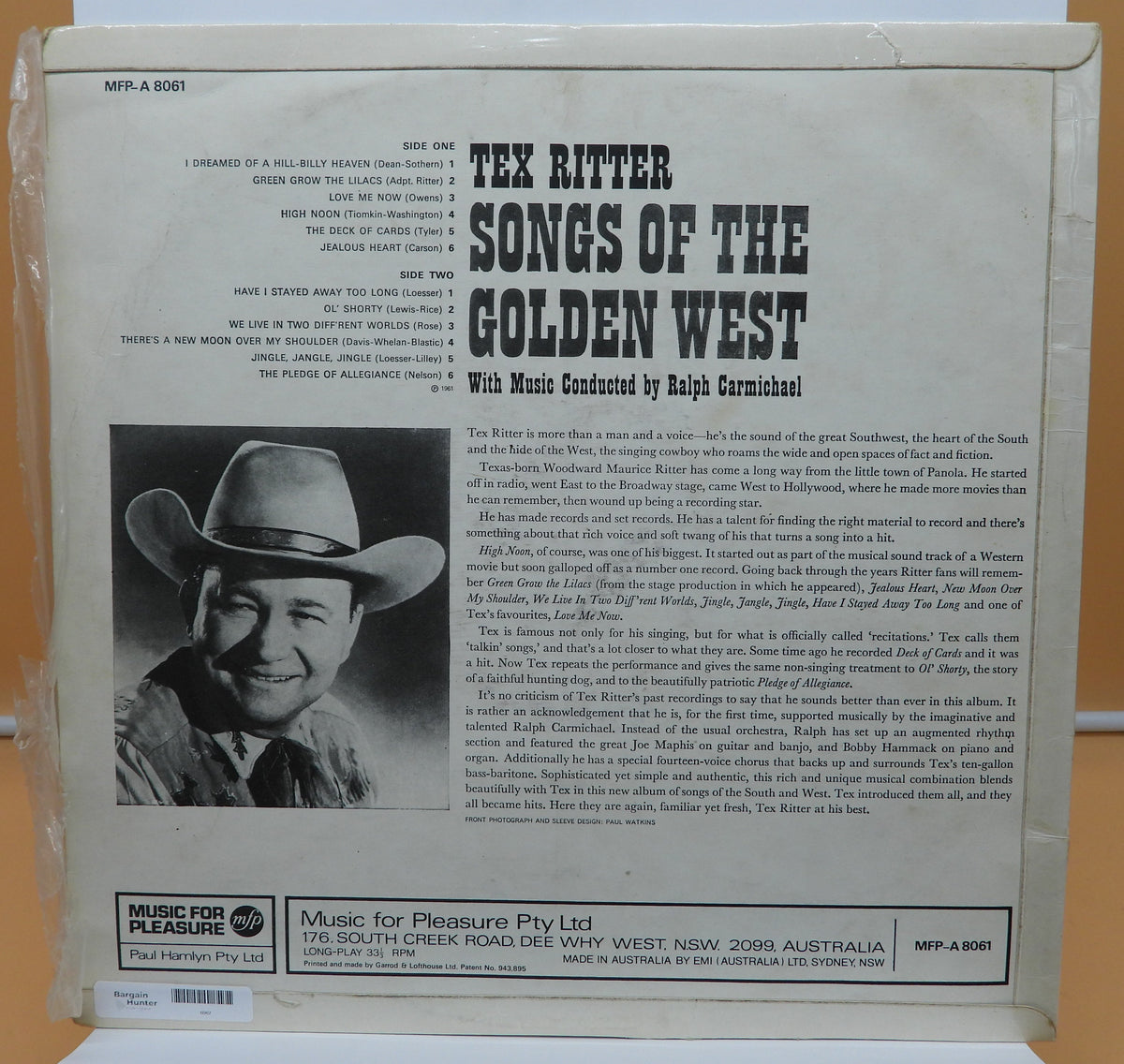Songs of the Golden West Vinyl Record By Tex Ritter Music for Pleasure