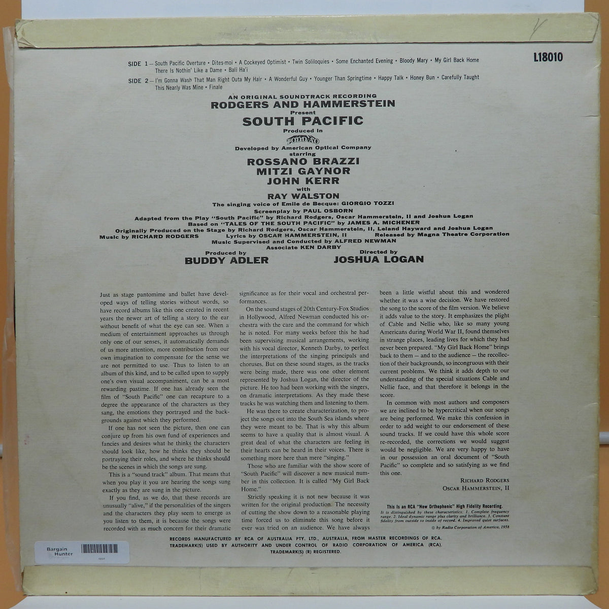 South Pacific Rodgers & Hammerstein Soundtrack Vinyl Rca L18010