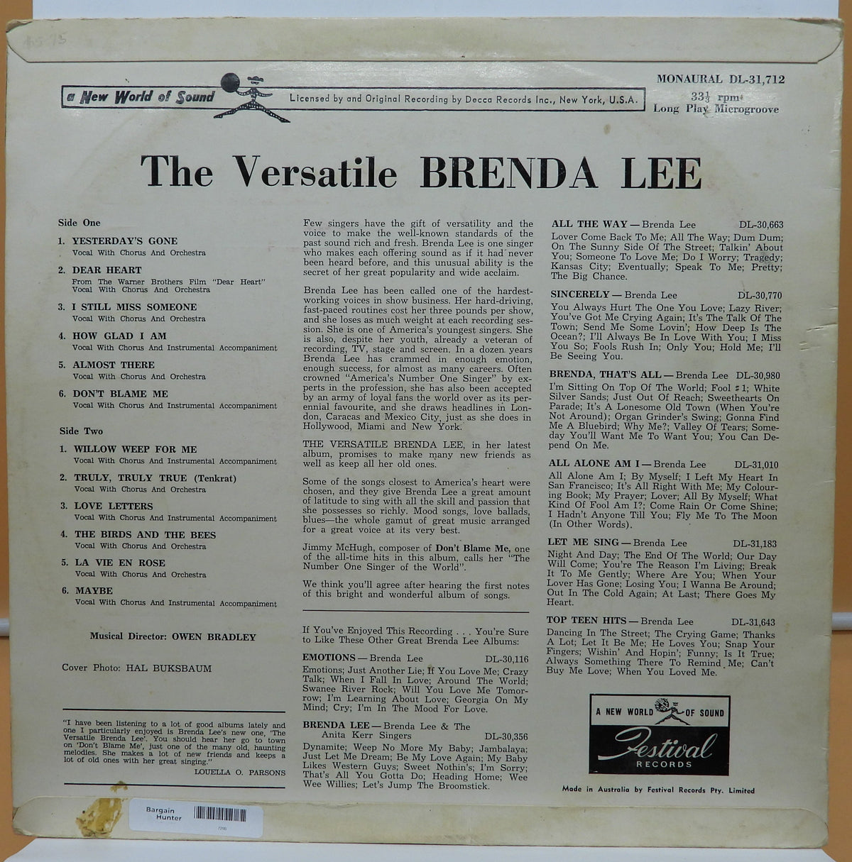 The Versatile Brenda Lee Vinyl Lp Festival Records Dl 31 712 Vinyl Record