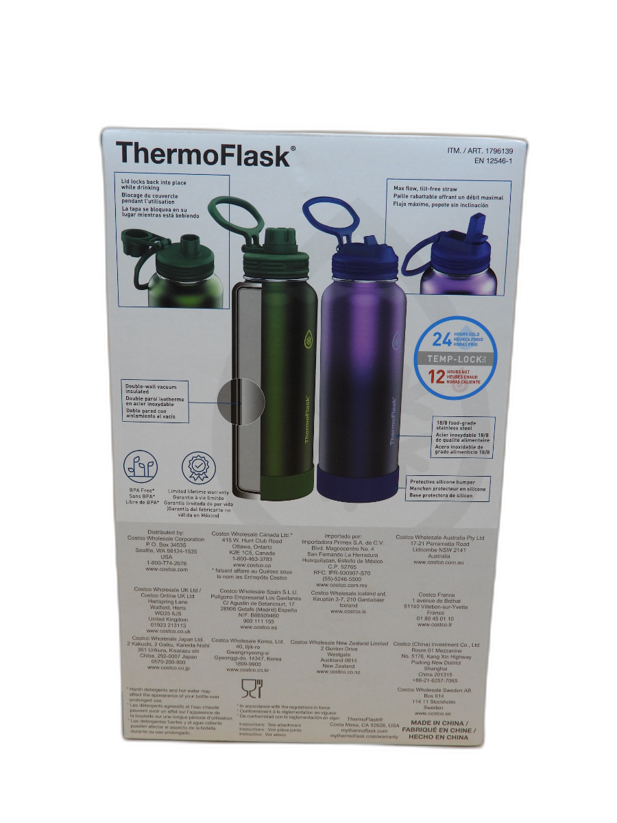 Thermoflask 1.2l Stainless Steel Water Bottles 2 Pack Purple & Green