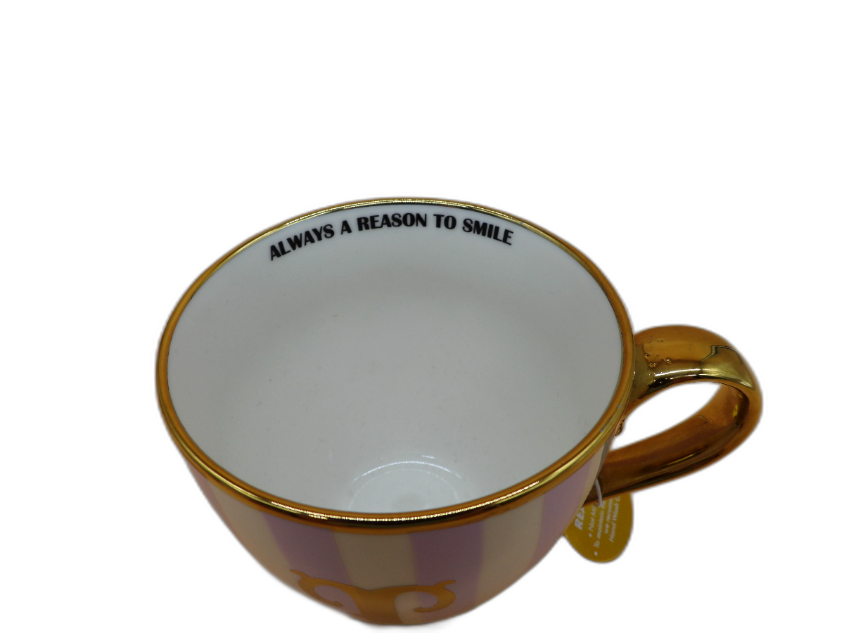 Striped Pink and White Mug With Gold Handle and Rim