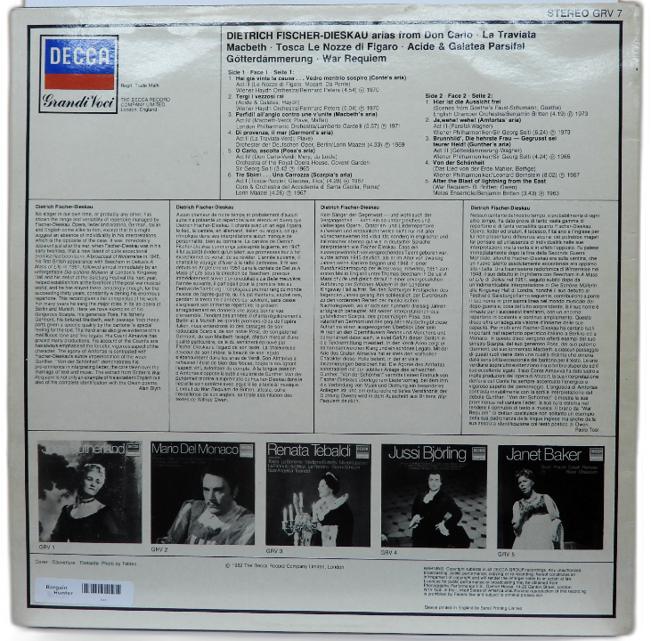 Decca Grv 7 Dietrich Fischer Dieskau Vinyl Record Opera Arias