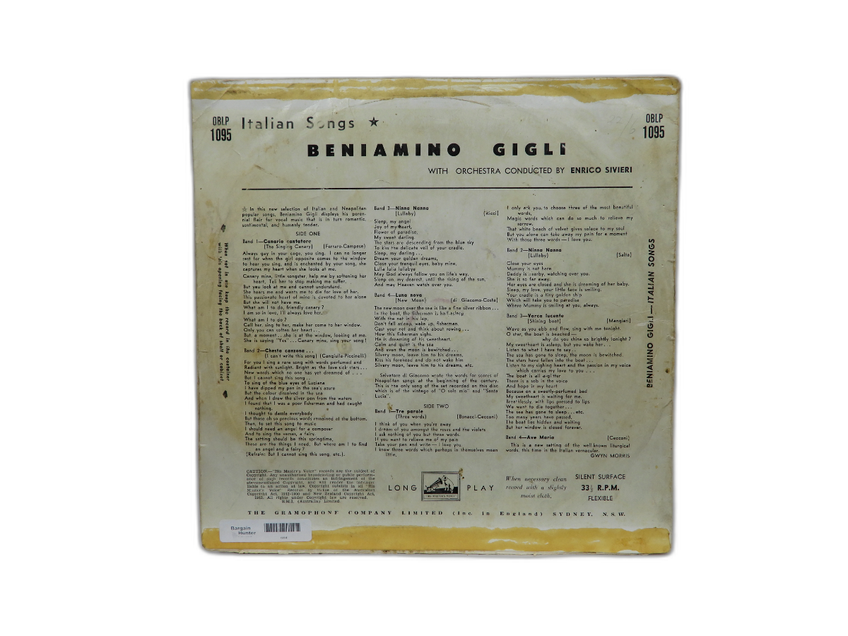 Italian Songs By Beniamino Gigli Vinyl Record His Master's Voice