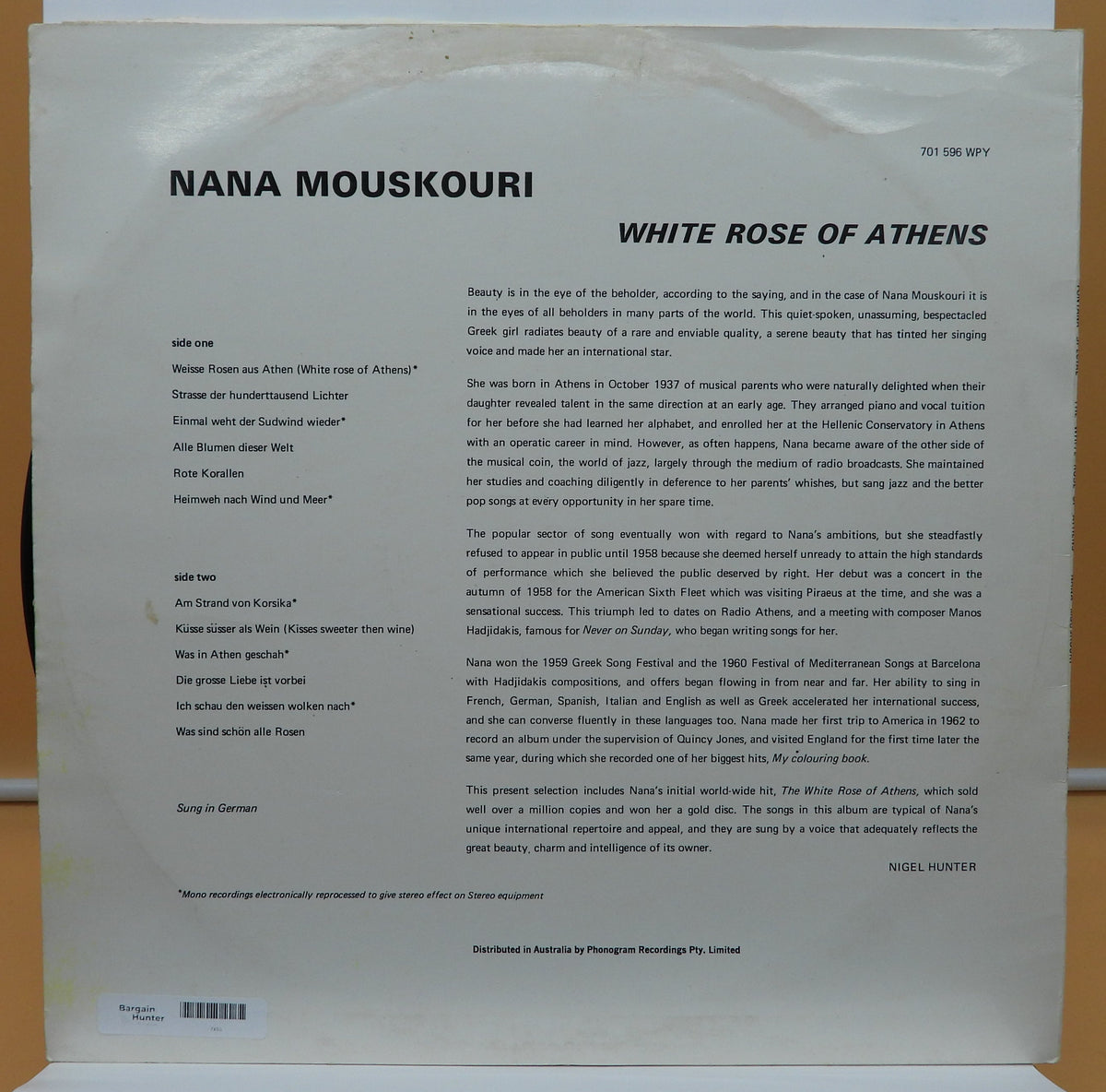 Nana Mouskouri White Rose of Athens Vinyl Record Fontana