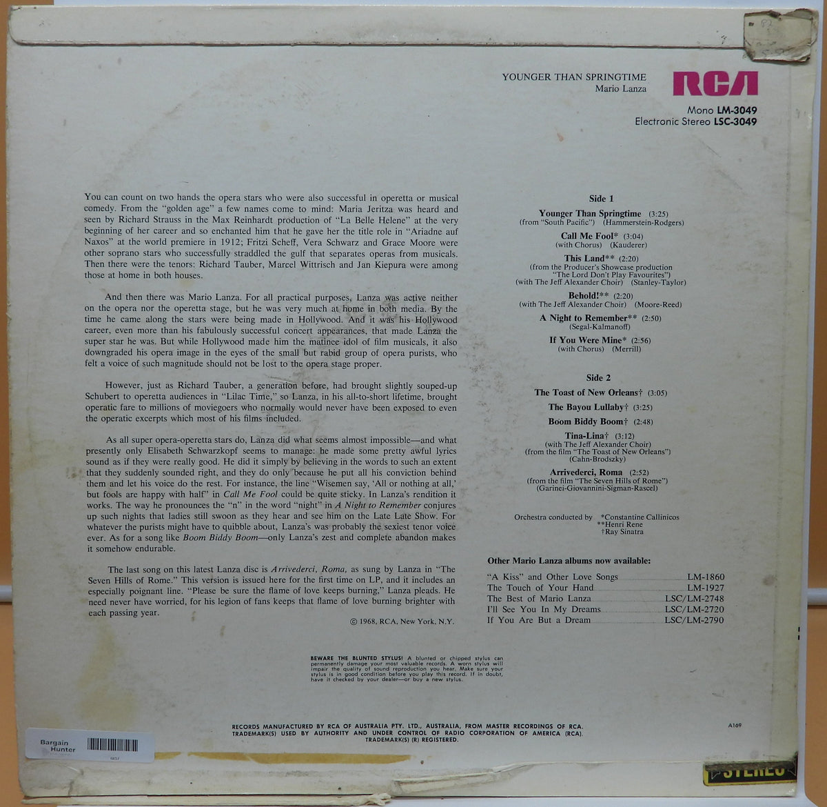 Younger Than Springtime Mario Lanza Vinyl Lp Rca Lm 3049