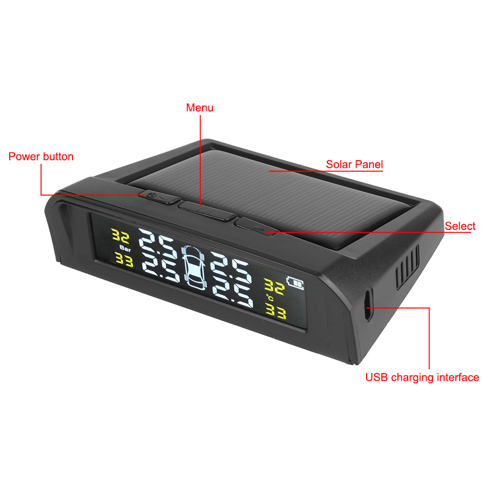 USB Solar Powered Intelligent Temperature Warning LCD Display + 4 External Sensors Car TPMS Wireless Tire Pressure System