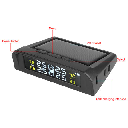 USB Solar Powered Intelligent Temperature Warning LCD Display + 4 External Sensors Car TPMS Wireless Tire Pressure System