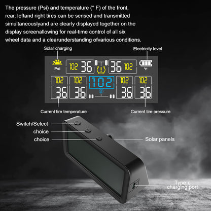 4/6 TPMS Sensors AutoTruck TPMS Digital Display Automobile Truck Tire Pressure Alarm Solar TPMS Tire Pressure Monitoring System