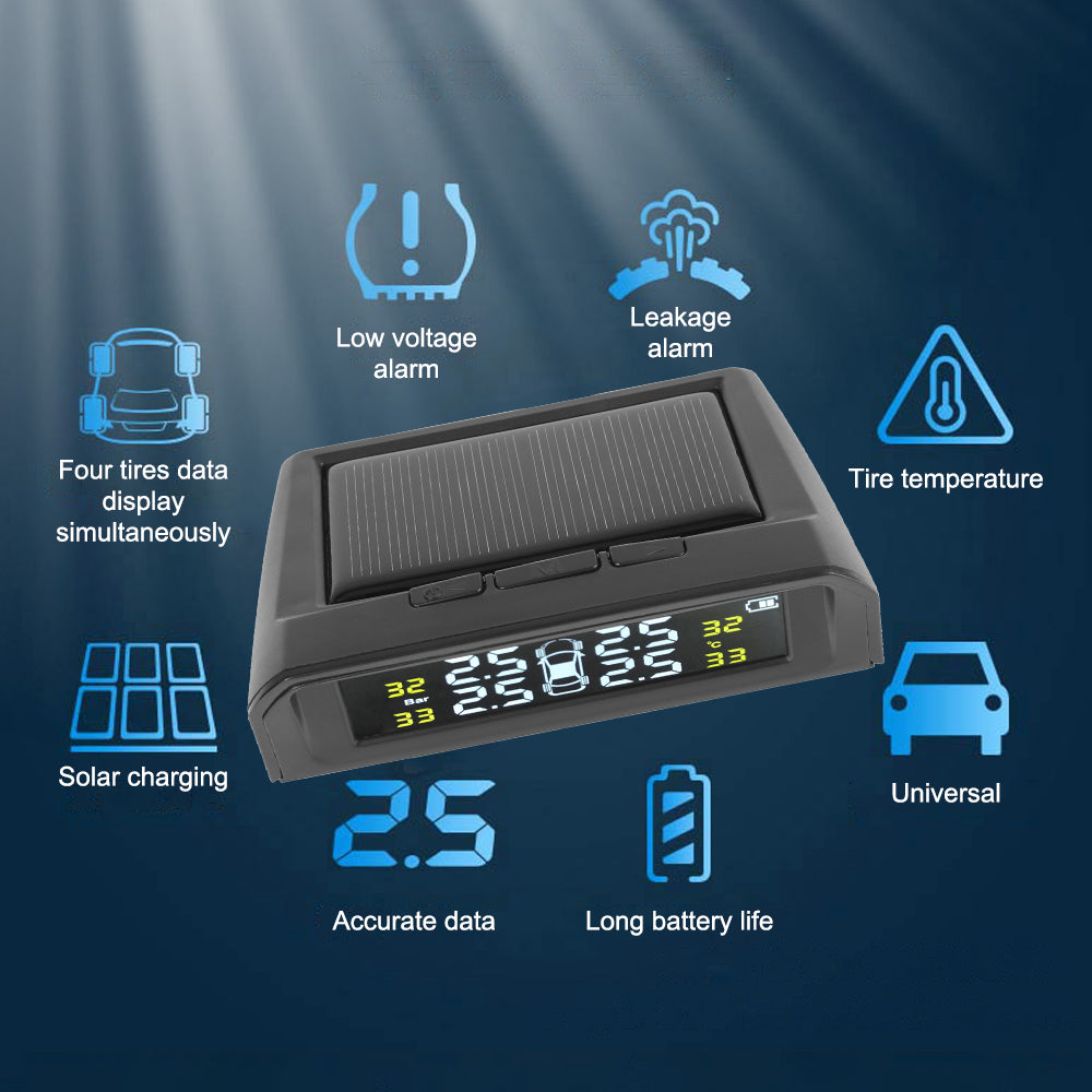 USB Solar Powered Intelligent Temperature Warning LCD Display + 4 External Sensors Car TPMS Wireless Tire Pressure System