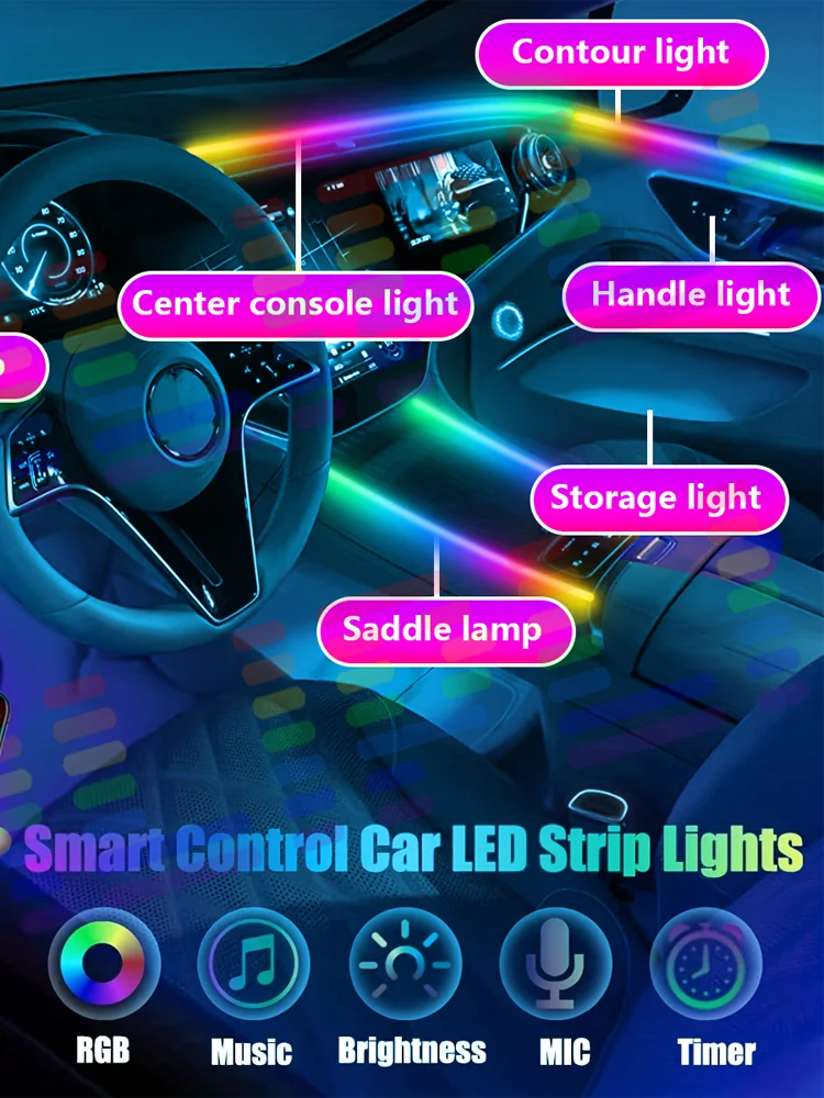 FOR YOUR CAR 6/18 in 1 Acrylic Car Ambient Light RGB 213 Color Symphony Acrylic APP Streamer Atmosphere Lamp Kit Sunroof light