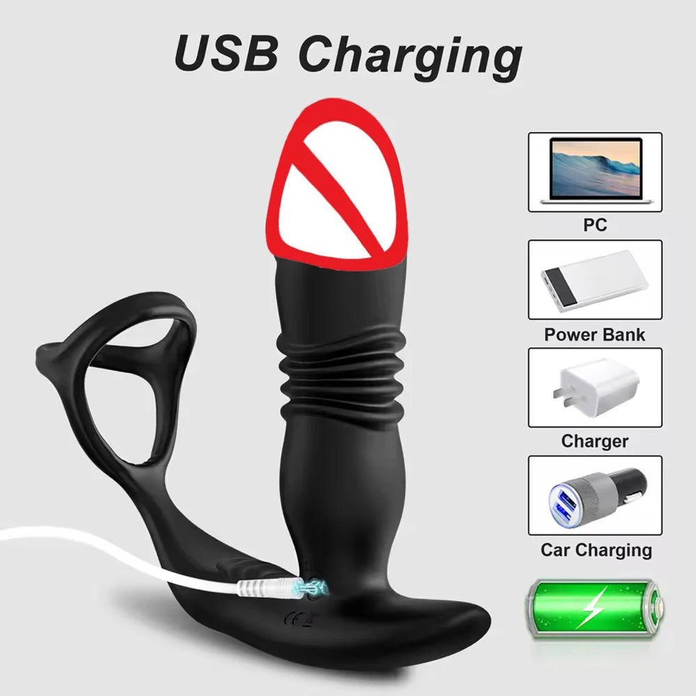 Male Prostate Massager Anal Dildo Telescopic Vibrator Remote Control Vibrating Butt Plug with Penis Cock Ring  Sex Toy for Gay