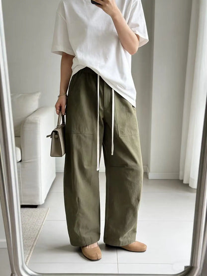 Fashionable versatile pure cotton elastic waist casual wide-leg pants