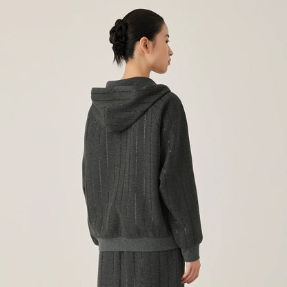 KL9523335 Women's High-End Casual Knit Hoodie Wool Blend Zipper Jacket Elegant Autumn Winter Fashion for Ladies