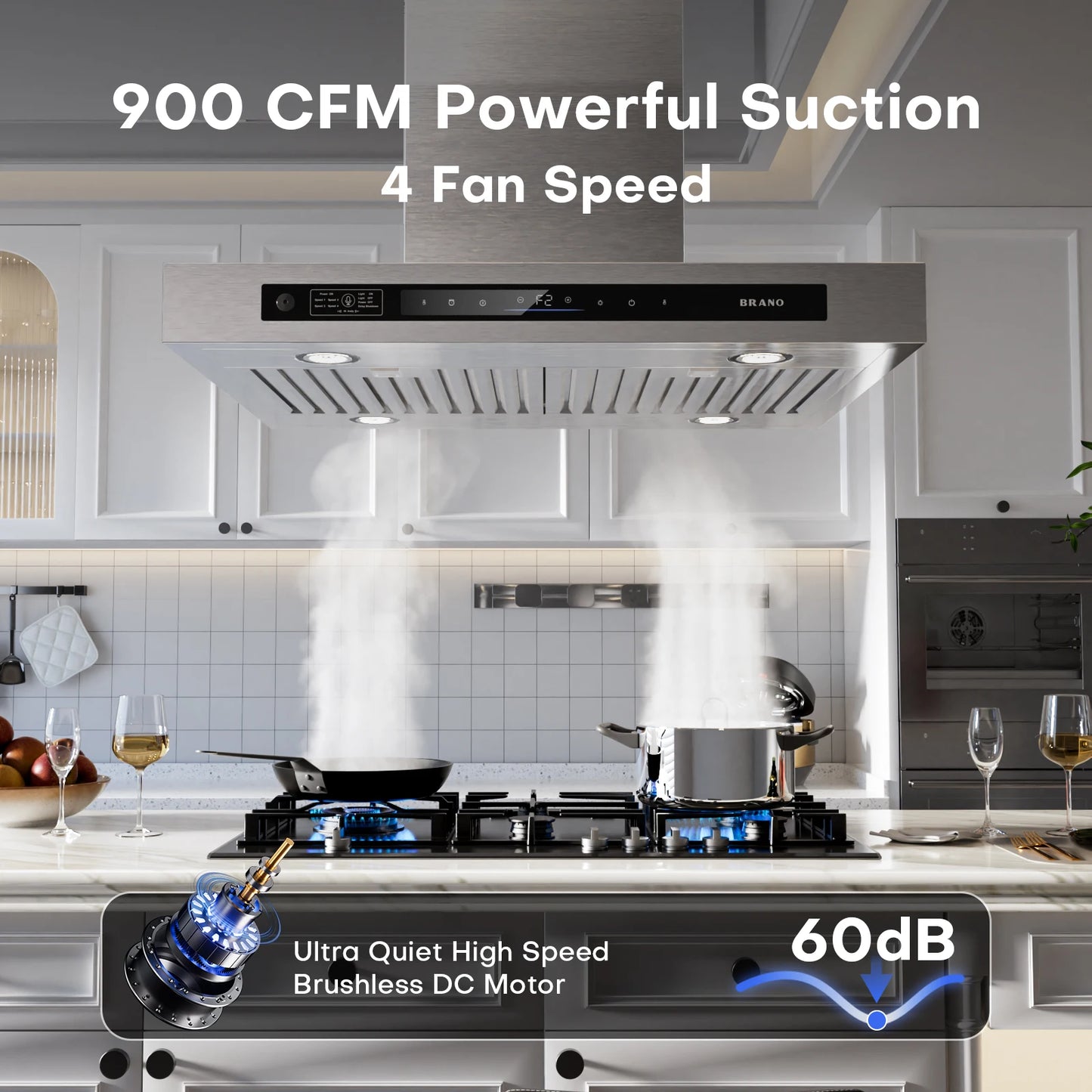 BRANO 36-Inch Island Range Hood with Ducted/Ductless Flex Install - 900 CFM, Smart Voice/Gesture/Touch Control