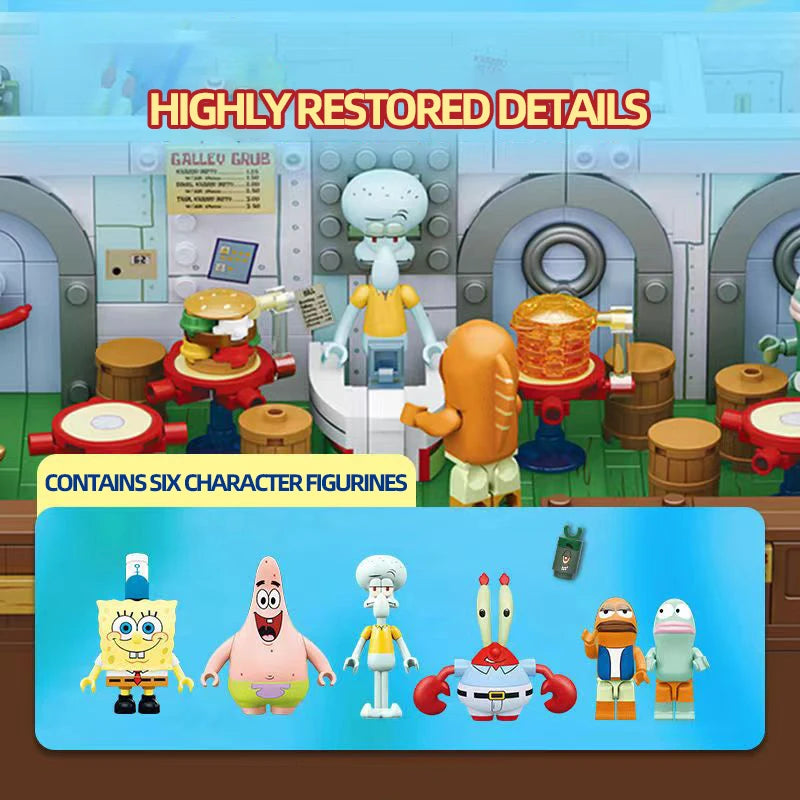 Spongebob Cartoon Krusty Krab Restaurant Building Blocks Creative Canteen Scenes Model Bricks Desktop Ornaments Toy Holiday Gift