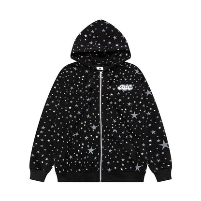 Ins Fashion Women's Full Print Star Zipper Hoodie Sweatshirt Japanese Streetwear Casual Long Sleeve Pullover for Autumn Winter