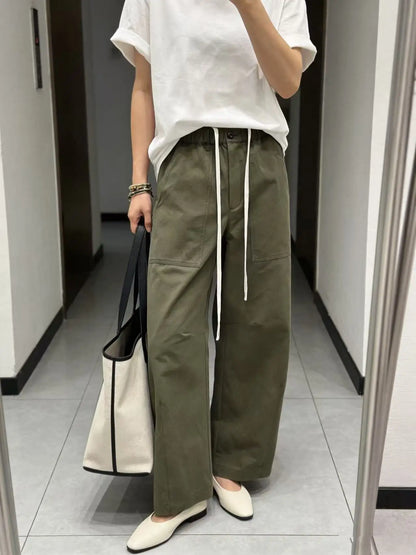 Fashionable versatile pure cotton elastic waist casual wide-leg pants