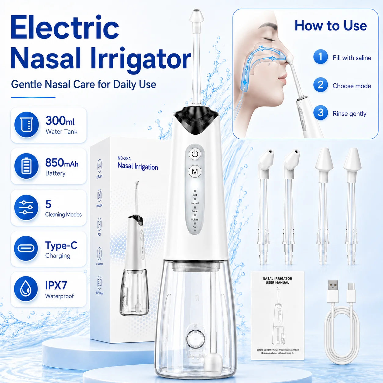 Electric Nasal Irrigation System Sinus Rinse Machine With 300ml Water  Nose Cleaner IPX7 Type C Charging For Daily Nasal Care