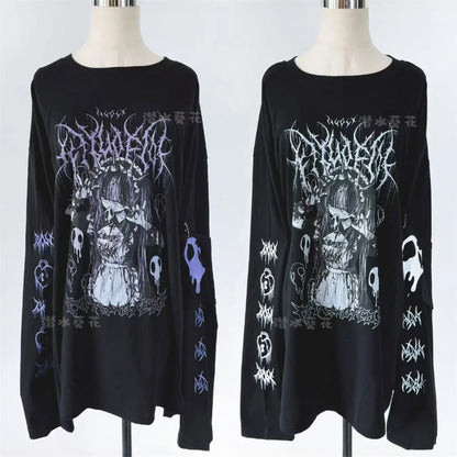 Original Crew Neck Black Y2K Long Sleeve T-Shirt Japanese Subculture Anime Print T Shirt Spring Autumn New Loose Versatile Tops