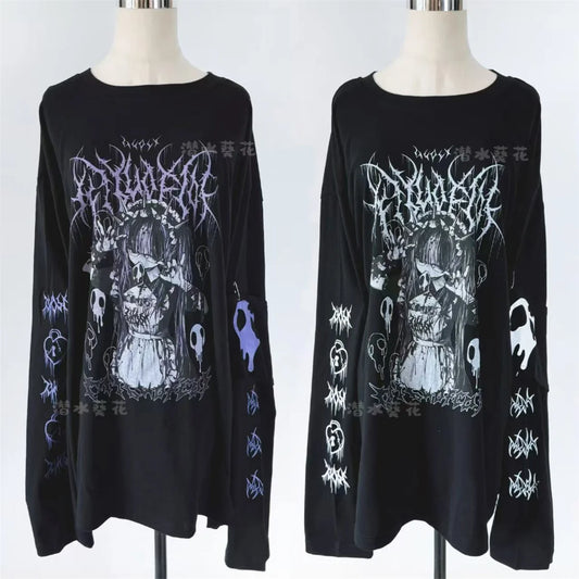 Original Crew Neck Black Y2K Long Sleeve T-Shirt Japanese Subculture Anime Print T Shirt Spring Autumn New Loose Versatile Tops