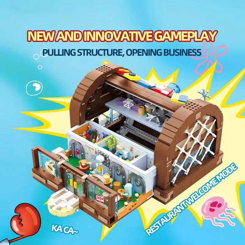 Spongebob Cartoon Krusty Krab Restaurant Building Blocks Creative Canteen Scenes Model Bricks Desktop Ornaments Toy Holiday Gift