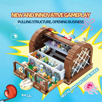 Spongebob Cartoon Krusty Krab Restaurant Building Blocks Creative Canteen Scenes Model Bricks Desktop Ornaments Toy Holiday Gift