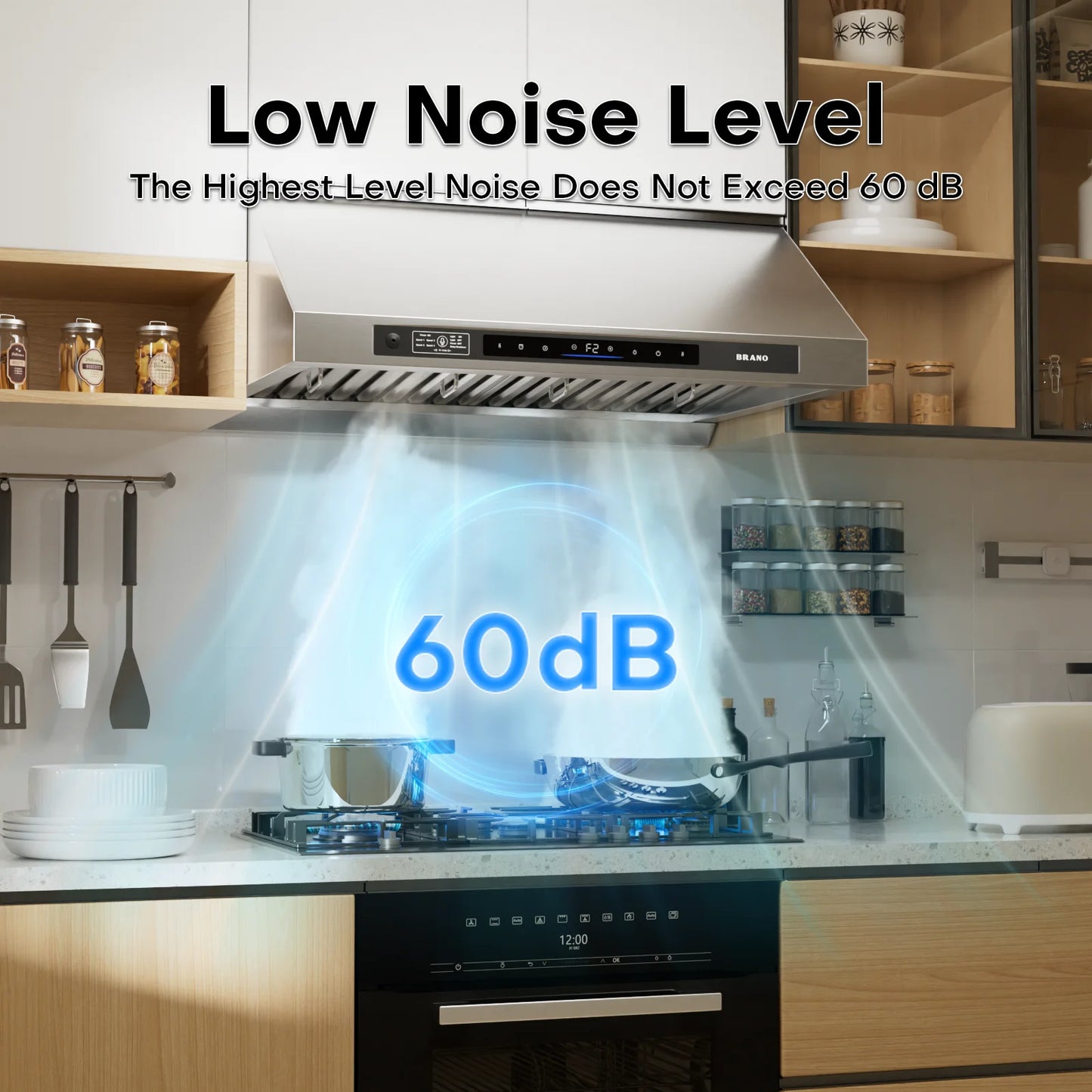 BRANO 42" Pro Style Range Hood Wall or Under Cabinet Mount, 1200 CFM DC Inverter Powerful & Quiet, Delay Shut-Off, 4 LED Lights