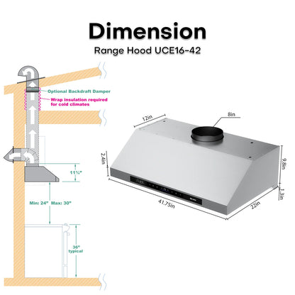 BRANO 42" Pro Style Range Hood Wall or Under Cabinet Mount, 1200 CFM DC Inverter Powerful & Quiet, Delay Shut-Off, 4 LED Lights