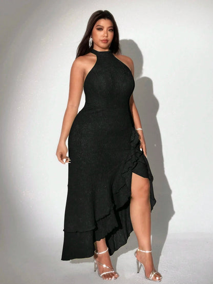 Plus-size knit dress, backless, sleeveless, fitted, stretchy, elegant long dress, suitable as a bridesmaid for weddings, dates o