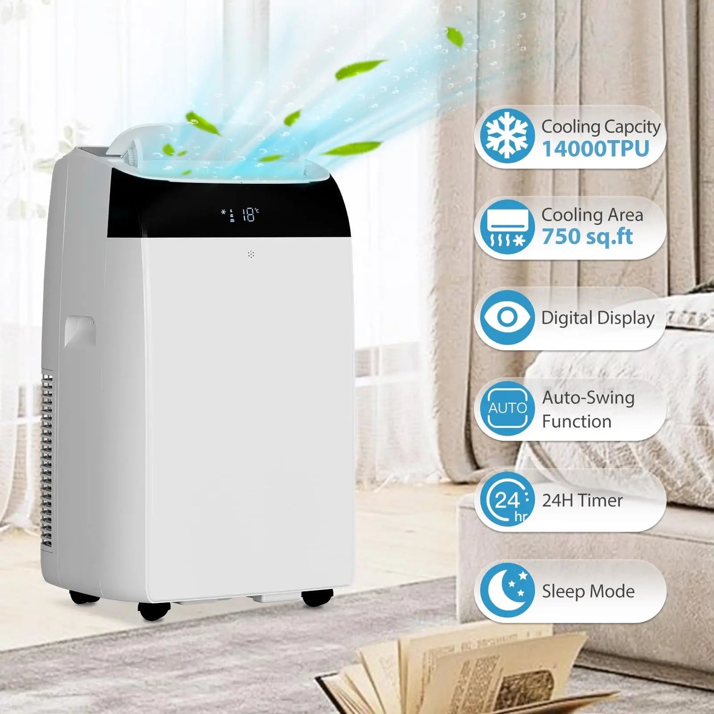 14000 BTU Portable Air Conditioner 3-in-1 AC Unit Cool Dehumidifier Fan Mode for Rooms Up to 750 Sq.ft White Portable AC with LED Display Remote Control 24H Timer Complete Exhaust Hose & Window Kit Included