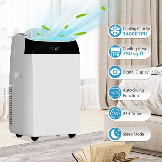 14000 BTU Portable Air Conditioner 3-in-1 AC Unit Cool Dehumidifier Fan Mode for Rooms Up to 750 Sq.ft White Portable AC with LED Display Remote Control 24H Timer Complete Exhaust Hose & Window Kit Included
