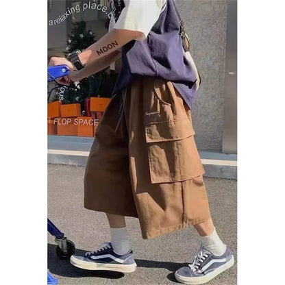 Fashion Bf Loose Streetwear Women Cropped Pants Japanese Hip Hop Pockets Cargo Wide Leg Trousers Retro Casual Straight Pants Men