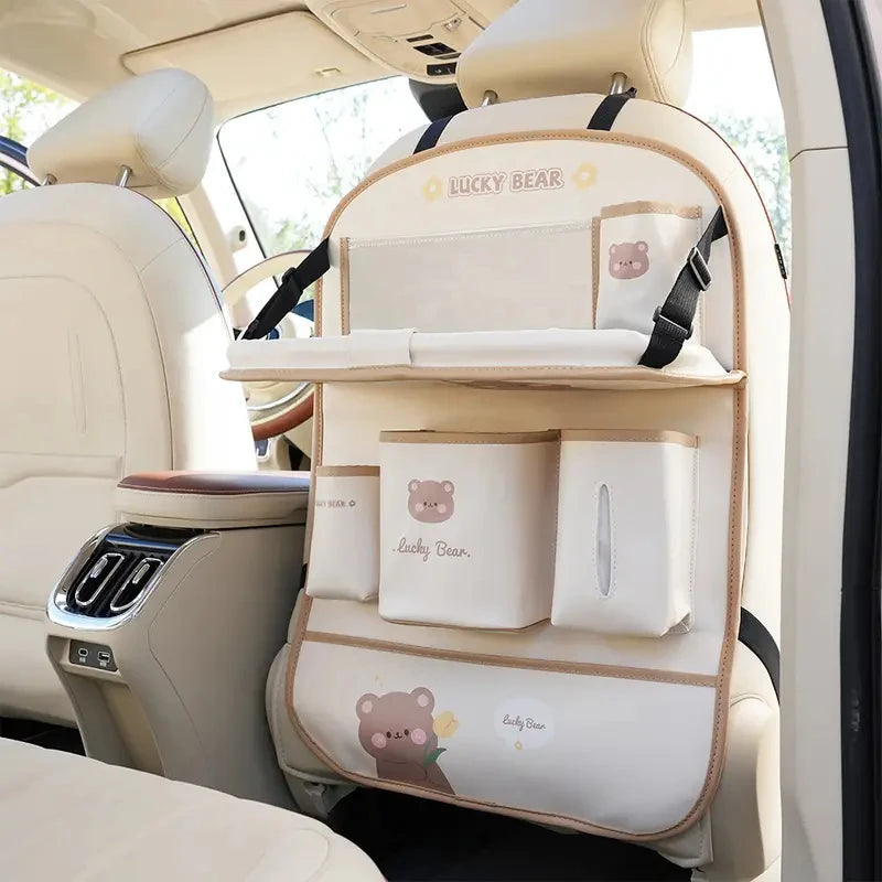 Leather Deluxe Car Seat Back Organizer-Multi-Function Storage, Foldable Dining Table Tray,Anti-Kick Pad,Decorative Car Accessory