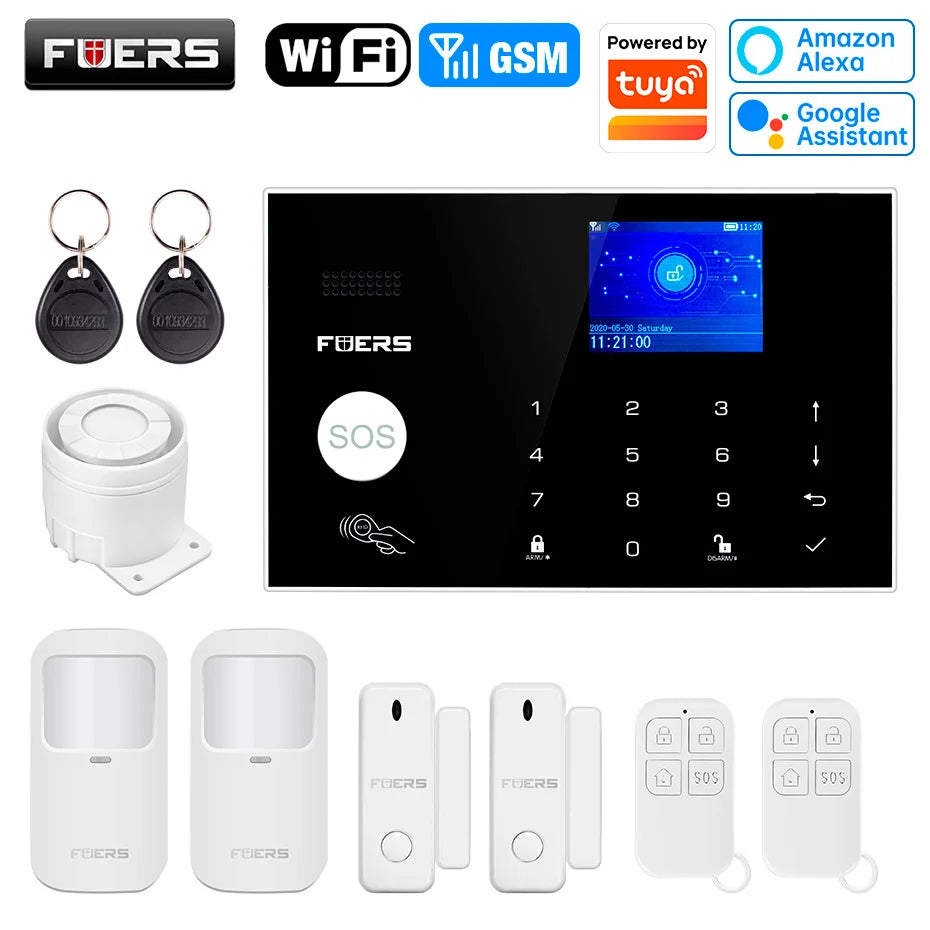 FUERS WIFI GSM Alarm System Wireless Home Burglar Security Alarm System works with Tuya Smart APP Control Motion Detector Sensor