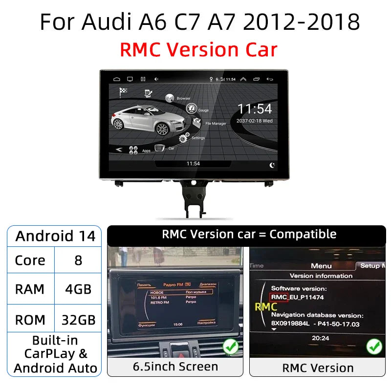Android 14 Carplay Car Multimedia Player For Audi A6 C7 A7 2012~2018 Touch Screen 4G Music Stereo GPS Navi 8+256GB Auto Radio