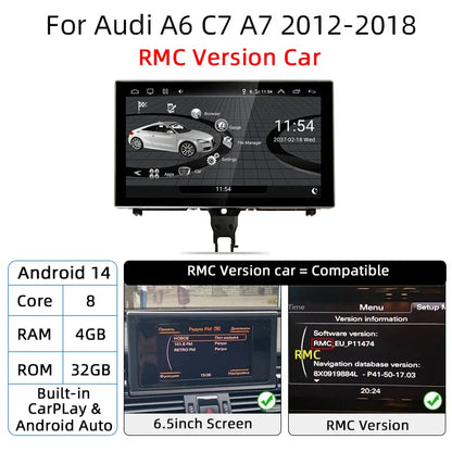 Android 14 Carplay Car Multimedia Player For Audi A6 C7 A7 2012~2018 Touch Screen 4G Music Stereo GPS Navi 8+256GB Auto Radio