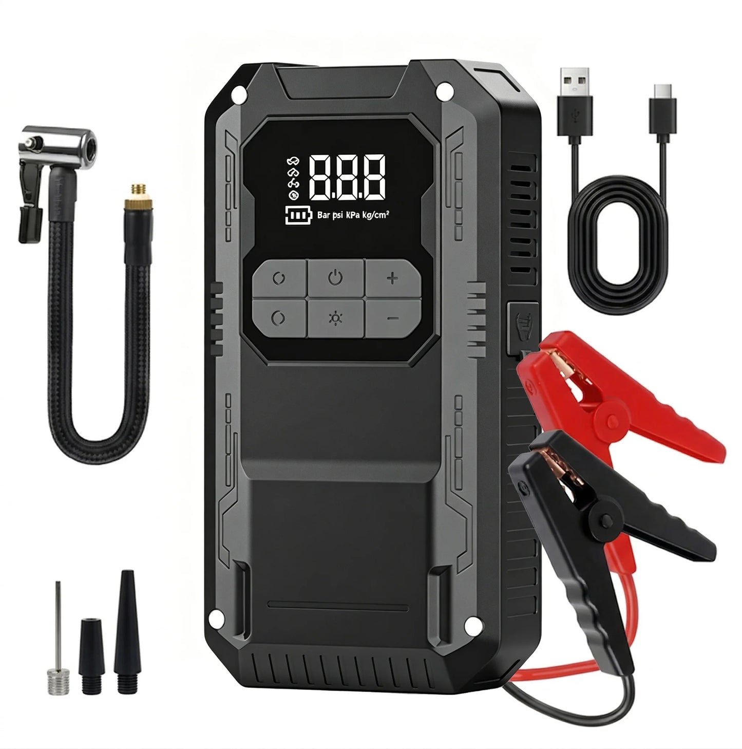 Qenrix 4in1 Portable Jump Starter with 150PSI Cordless Air Pump, 12V Car Battery Booster, Digital Tire Inflator with LED Light