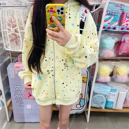 Ins Fashion Women's Full Print Star Zipper Hoodie Sweatshirt Japanese Streetwear Casual Long Sleeve Pullover for Autumn Winter