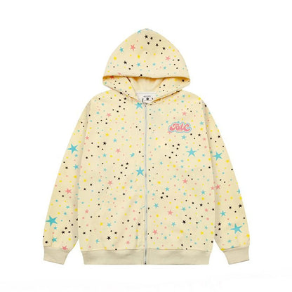 Ins Fashion Women's Full Print Star Zipper Hoodie Sweatshirt Japanese Streetwear Casual Long Sleeve Pullover for Autumn Winter